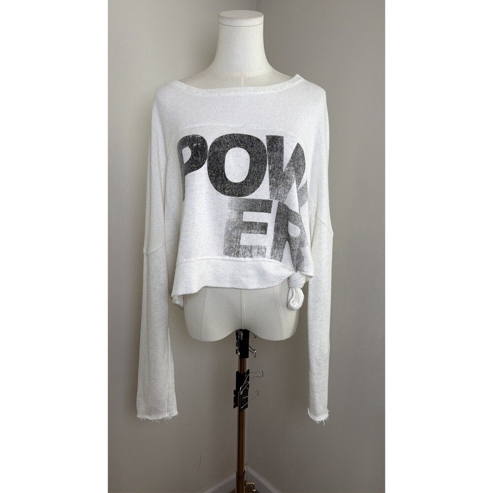 Free People FP Movement Power Sweatshirt Large White Distressed Graphic Cropped